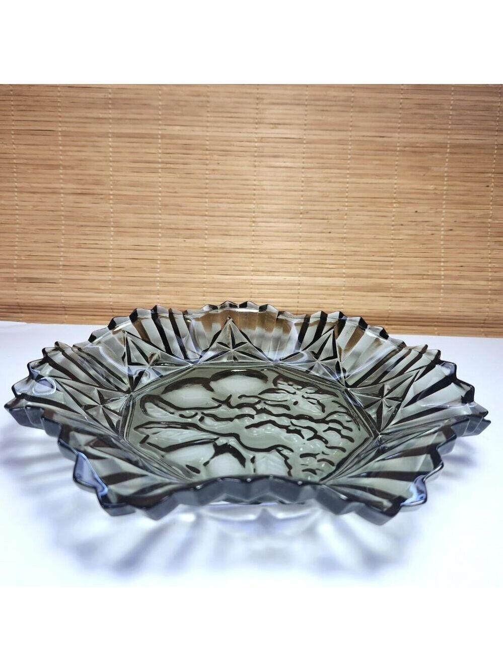 Vintage Federal Pioneer Smoke Grey Ruffled Glass Bowl 11" Fruit Pattern Dish